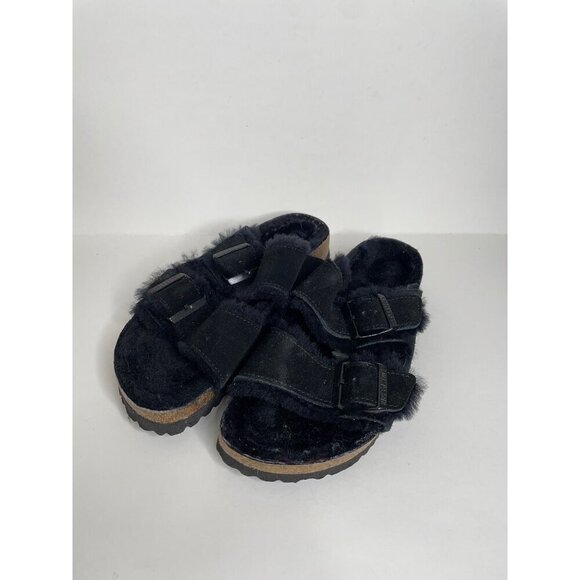 Birkenstock Arizona Black Shearling Fur Sandals Size 38 US 7 Narrow NEW - Picture 3 of 7